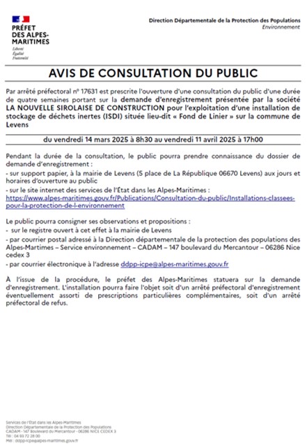 AVIS DE CONSULTATION DU PUBLIC pour l’exploitation d’une installation de stockage de déchets inertes