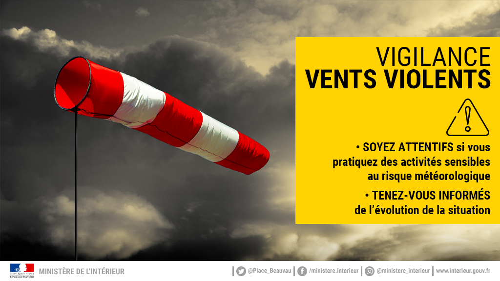 Météo France a émis une vigilance ORANGE « vents violents »pour les Alpes-Maritimes, ce jour à 14h.